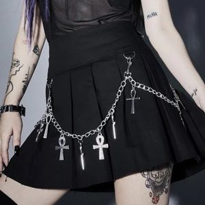 Widow by Dolls Kill Hexed For Life Pleated Skirt w/Ankhs and Chain details NWT
